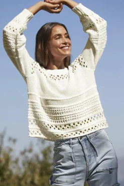 Best Dear-Lover Solid Color Pointelle Knit Puff Sleeve Sweater White