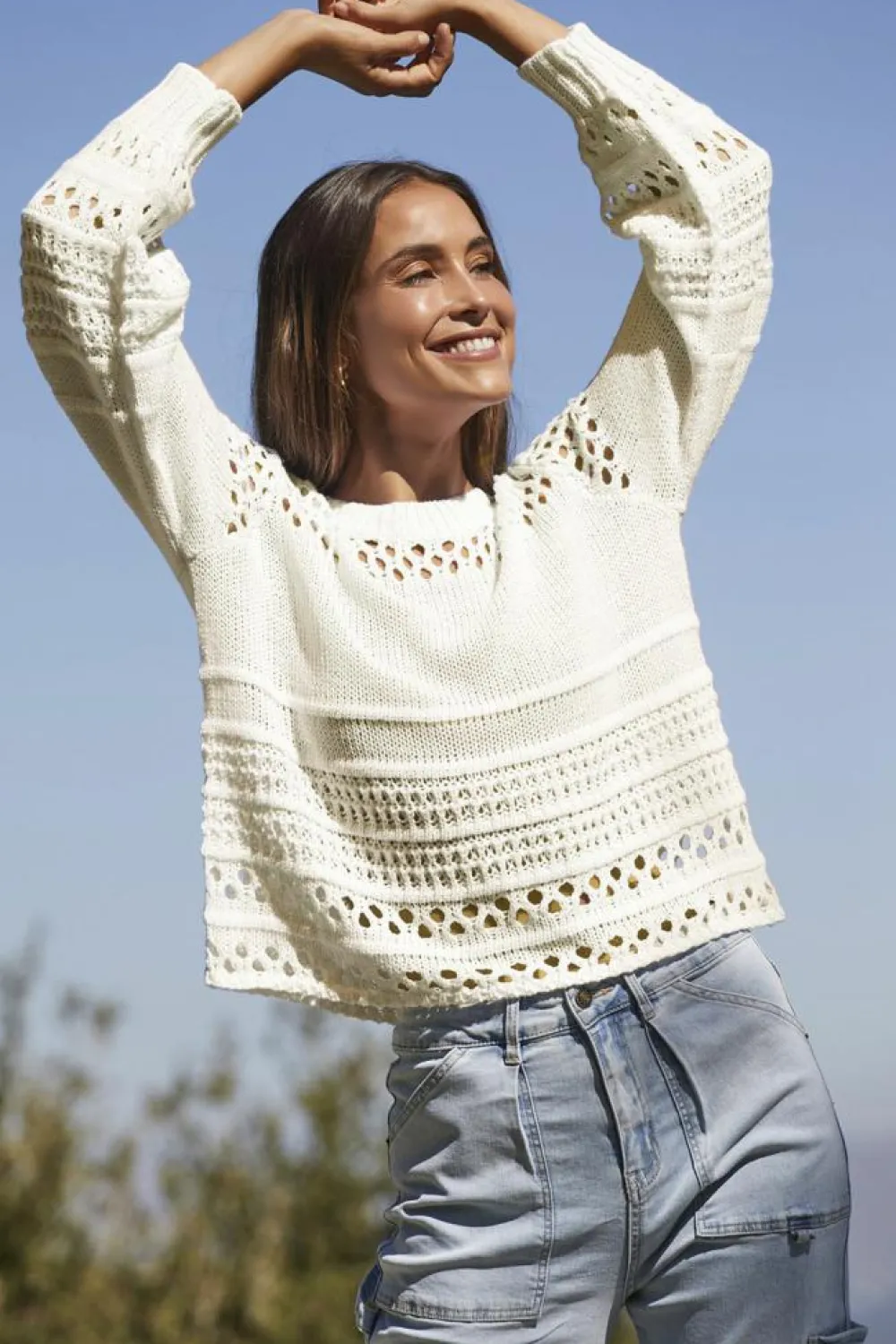 Best Dear-Lover Solid Color Pointelle Knit Puff Sleeve Sweater White