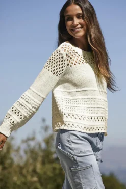 Best Dear-Lover Solid Color Pointelle Knit Puff Sleeve Sweater White
