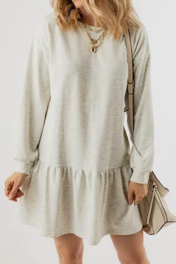 Fashion Dear-Lover Solid Color Puff Sleeve Ruffle Hem Mini Dress White