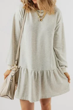 Fashion Dear-Lover Solid Color Puff Sleeve Ruffle Hem Mini Dress White