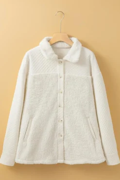 Sale Dear-Lover Solid Color Quilted Sherpa Patchwork Button Up Shacket White