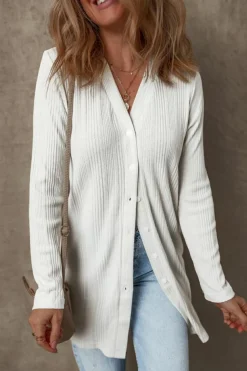 Outlet Dear-Lover Solid Color Ribbed Button up Tunic Cardigan White