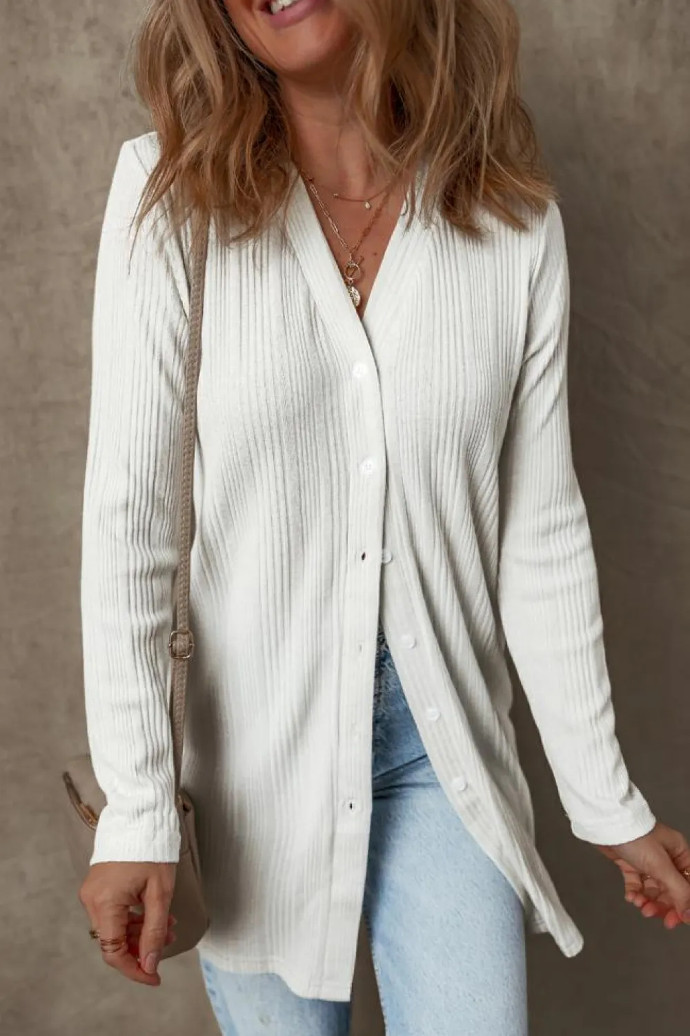 Outlet Dear-Lover Solid Color Ribbed Button up Tunic Cardigan White