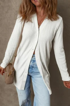 Outlet Dear-Lover Solid Color Ribbed Button up Tunic Cardigan White