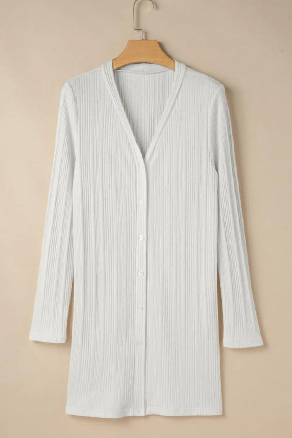 Outlet Dear-Lover Solid Color Ribbed Button up Tunic Cardigan White