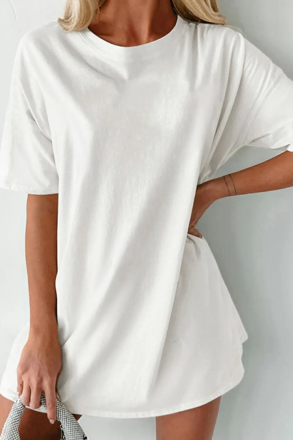 Hot Dear-Lover Solid Color Round Neck Basic Tunic T Shirt White