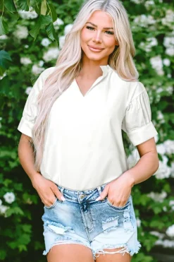 New Dear-Lover Solid Color Ruched Bubble Sleeve V Neck Blouse White