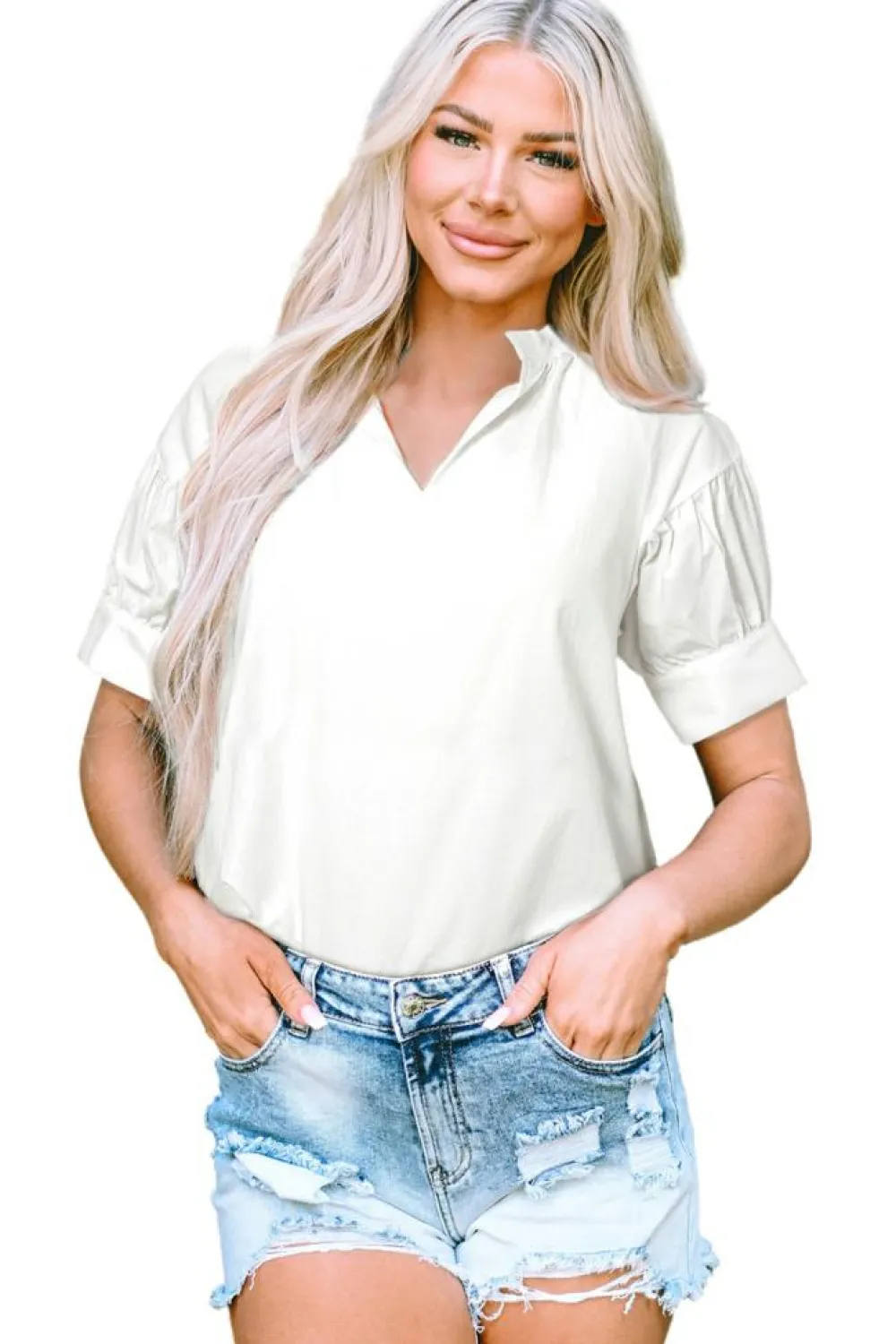 New Dear-Lover Solid Color Ruched Bubble Sleeve V Neck Blouse White