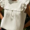 New Dear-Lover Solid Color Ruffle Trim Waffle Knit Blouse White