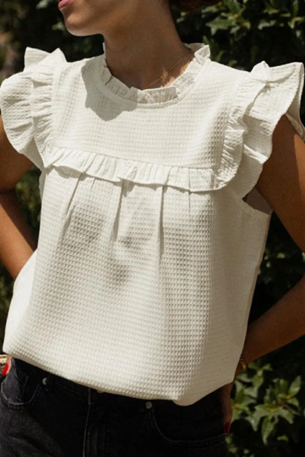 New Dear-Lover Solid Color Ruffle Trim Waffle Knit Blouse White