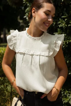 New Dear-Lover Solid Color Ruffle Trim Waffle Knit Blouse White