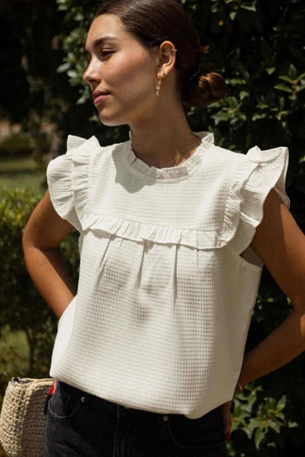 New Dear-Lover Solid Color Ruffle Trim Waffle Knit Blouse White