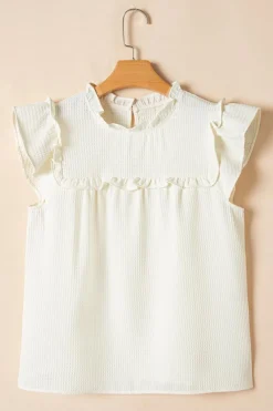 New Dear-Lover Solid Color Ruffle Trim Waffle Knit Blouse White