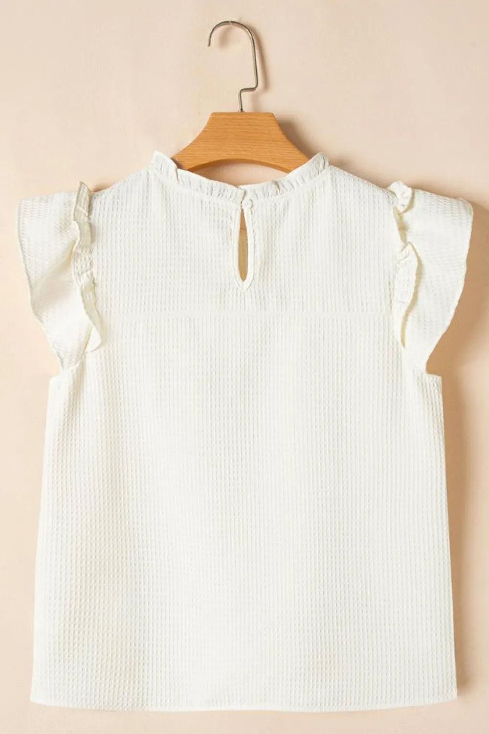 New Dear-Lover Solid Color Ruffle Trim Waffle Knit Blouse White