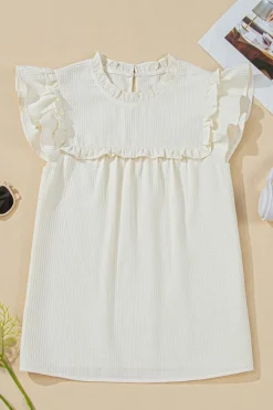 New Dear-Lover Solid Color Ruffle Trim Waffle Knit Blouse White