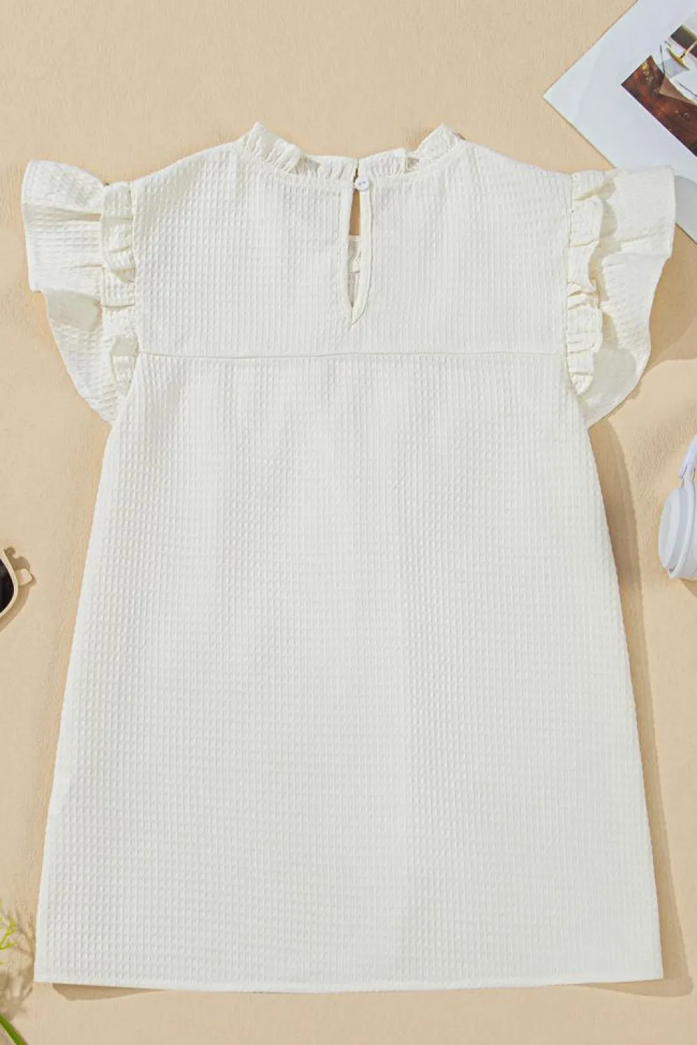 New Dear-Lover Solid Color Ruffle Trim Waffle Knit Blouse White