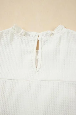 New Dear-Lover Solid Color Ruffle Trim Waffle Knit Blouse White