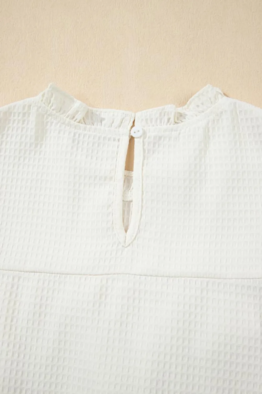New Dear-Lover Solid Color Ruffle Trim Waffle Knit Blouse White