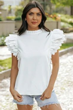 Best Dear-Lover Solid Color Scalloped Ruffle Sleeve Top White
