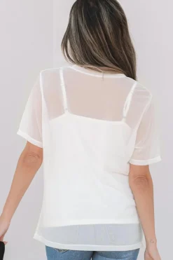 Best Dear-Lover Solid Color Sheer Mesh Patchwork Short Sleeve Top White