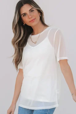 Best Dear-Lover Solid Color Sheer Mesh Patchwork Short Sleeve Top White