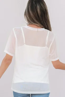 Best Dear-Lover Solid Color Sheer Mesh Patchwork Short Sleeve Top White