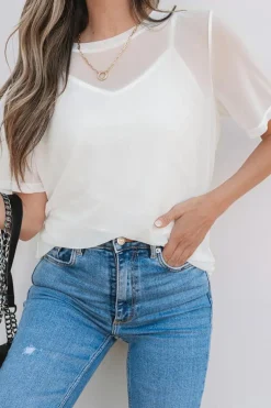Best Dear-Lover Solid Color Sheer Mesh Patchwork Short Sleeve Top White