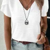 Best Dear-Lover Solid Color Textured V Neck Short Sleeve Top White