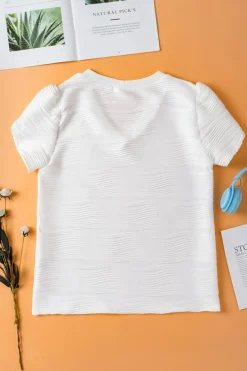 Best Dear-Lover Solid Color Textured V Neck Short Sleeve Top White