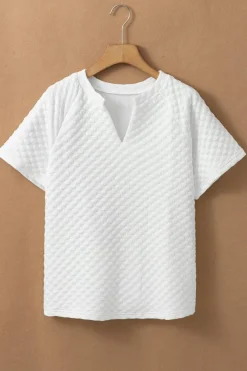 Fashion Dear-Lover Solid Color Textured Split Neck Short Sleeve Top White