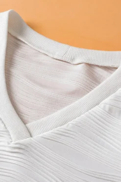 Best Dear-Lover Solid Color Textured V Neck Short Sleeve Top White