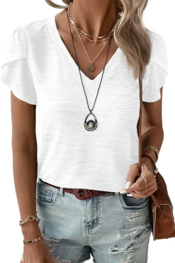 Best Dear-Lover Solid Color Textured V Neck Short Sleeve Top White