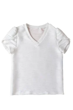 Best Dear-Lover Solid Color Textured V Neck Short Sleeve Top White