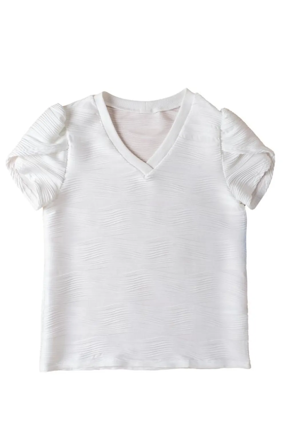 Best Dear-Lover Solid Color Textured V Neck Short Sleeve Top White