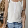 Outlet Dear-Lover Solid Color Waffle Knit Half Buttons Tank Top White
