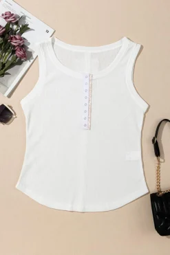 Outlet Dear-Lover Solid Color Waffle Knit Half Buttons Tank Top White