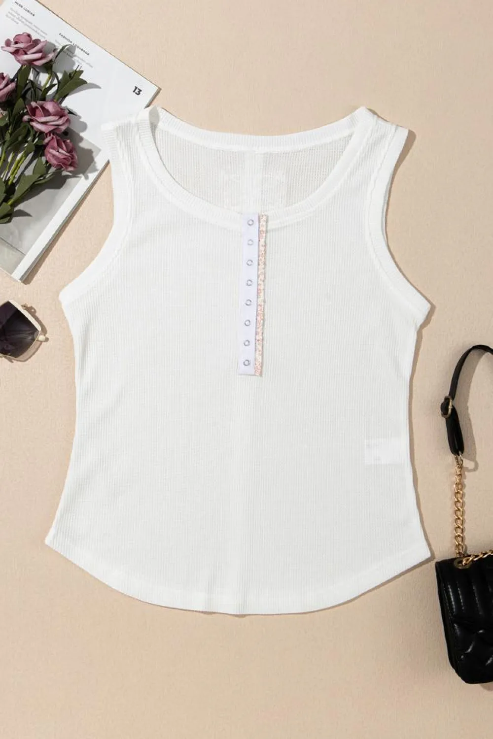 Outlet Dear-Lover Solid Color Waffle Knit Half Buttons Tank Top White
