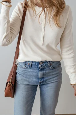 Discount Dear-Lover Solid Color Waffle Half Button Long Sleeve Top White