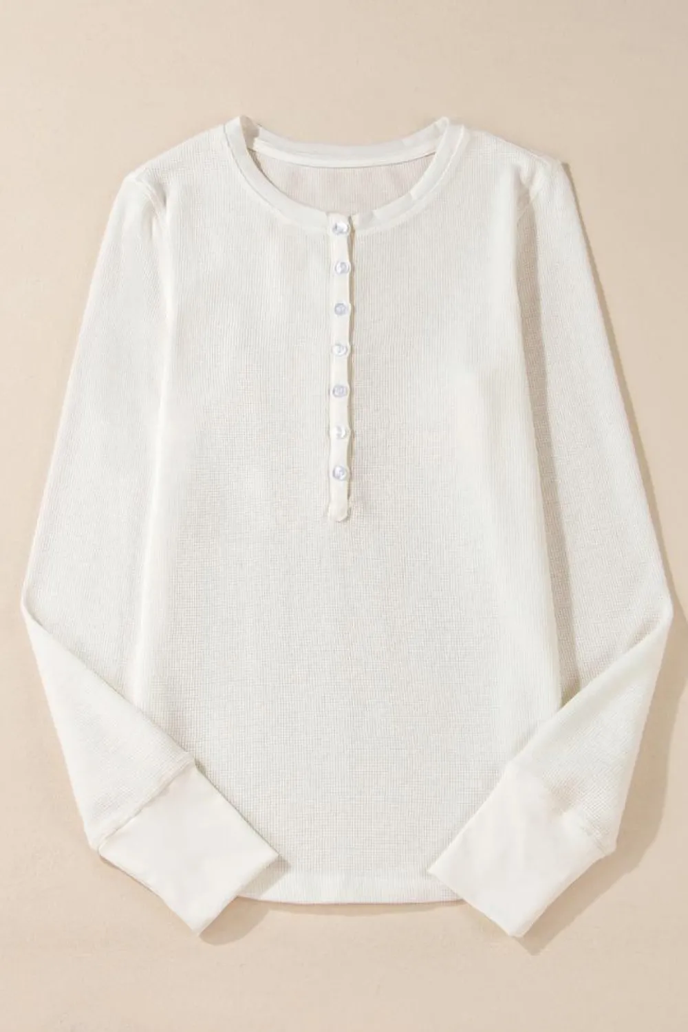 Discount Dear-Lover Solid Color Waffle Half Button Long Sleeve Top White