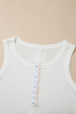 Outlet Dear-Lover Solid Color Waffle Knit Half Buttons Tank Top White