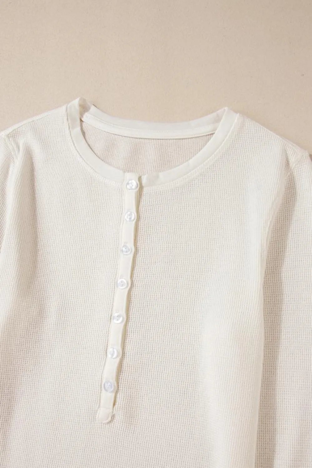Discount Dear-Lover Solid Color Waffle Half Button Long Sleeve Top White