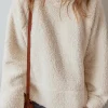 New Dear-Lover Solid Fleece High Neck Drop Shoulder Pullover Sweatshirt White