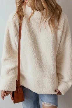 New Dear-Lover Solid Fleece High Neck Drop Shoulder Pullover Sweatshirt White