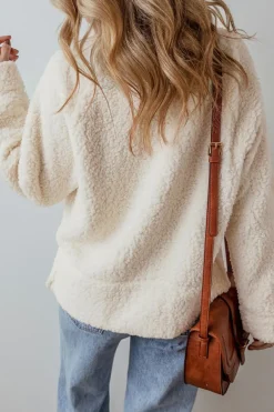 New Dear-Lover Solid Fleece High Neck Drop Shoulder Pullover Sweatshirt White