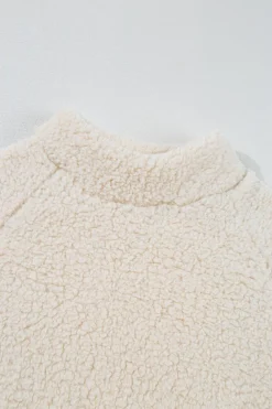 New Dear-Lover Solid Fleece High Neck Drop Shoulder Pullover Sweatshirt White