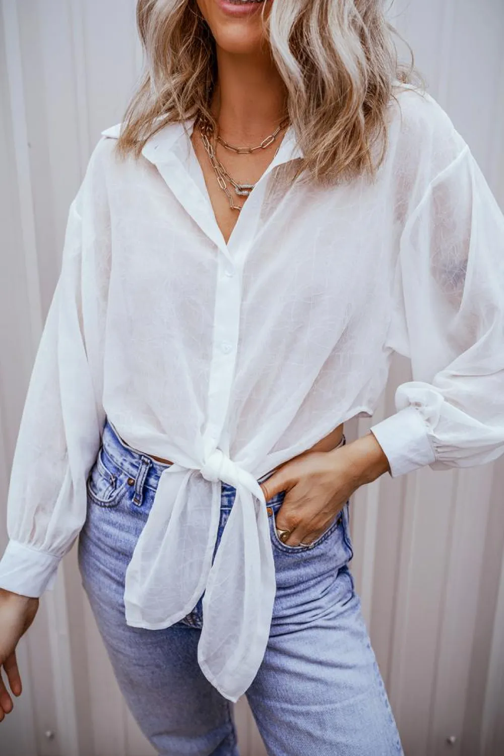 Discount Dear-Lover Solid Knotted Front Loose Fit Sheer Shirt White