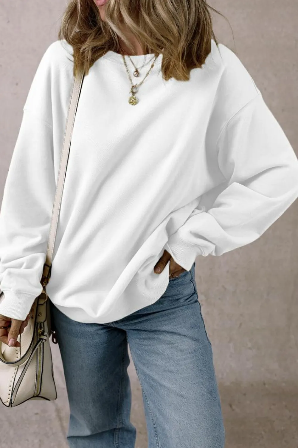 Best Dear-Lover Solid Loose Crew Neck Fleece Sweatshirt White