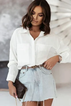 Hot Dear-Lover Solid Pocket Long Sleeve Button-up Shirt White