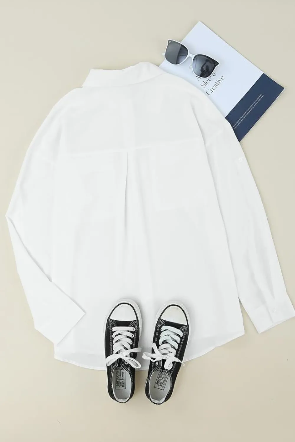 Hot Dear-Lover Solid Pocket Long Sleeve Button-up Shirt White